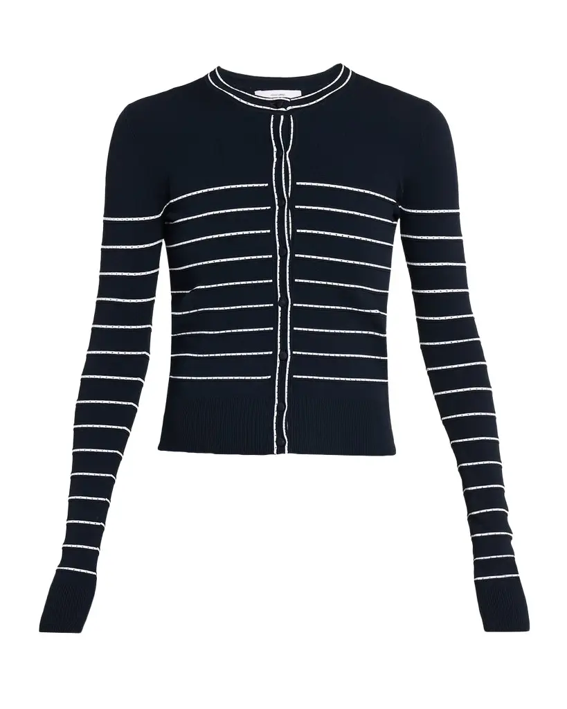 Adam Lippes Faye Pointelle Striped Crewneck Cardigan | Image 1 Adam Lippes Faye Pointelle Striped Crewneck Cardigan | Image 1