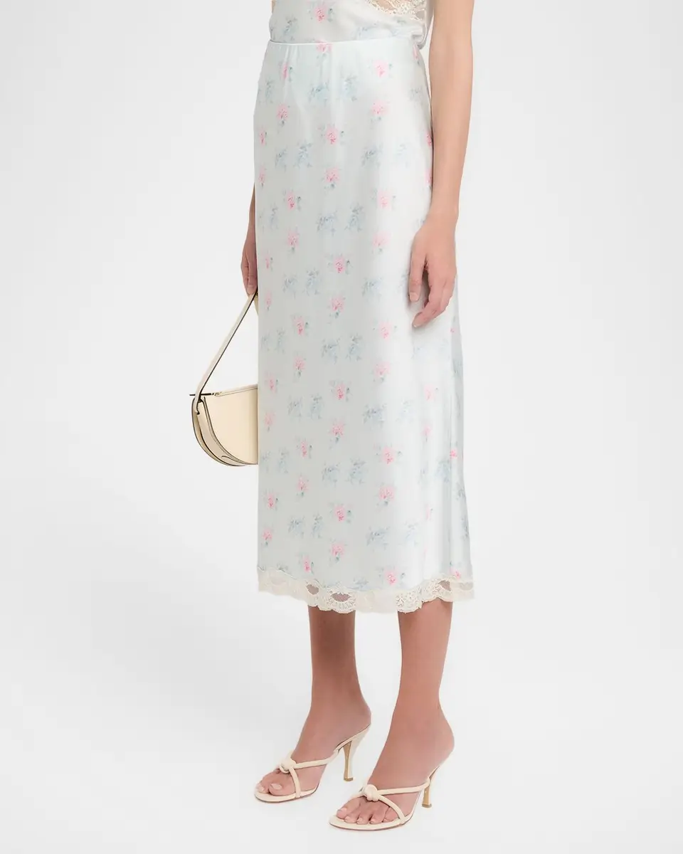 LoveShackFancy Castle Floral Satin Midi Skirt | Thumbnail 4