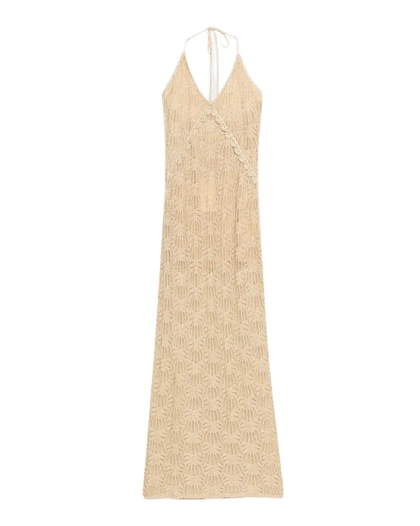 LoveShackFancy Vreya Metallic Crochet Halter Dress | Image 1 LoveShackFancy Vreya Metallic Crochet Halter Dress | Image 1
