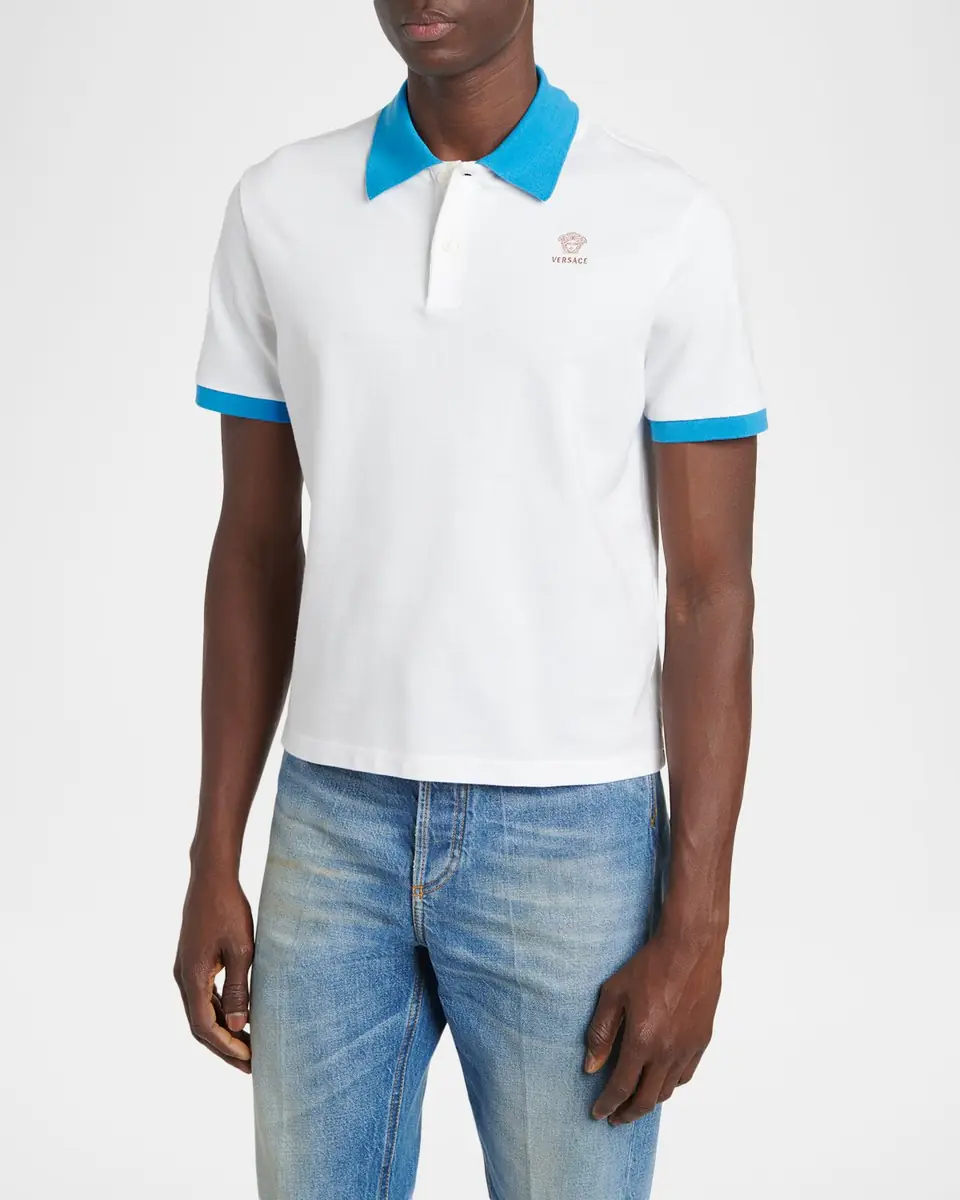 Versace Men's Medusa Embroidered Cotton Contrast-Trim Polo Shirt | Thumbnail 3 Versace Men's Medusa Embroidered Cotton Contrast-Trim Polo Shirt | Thumbnail 3