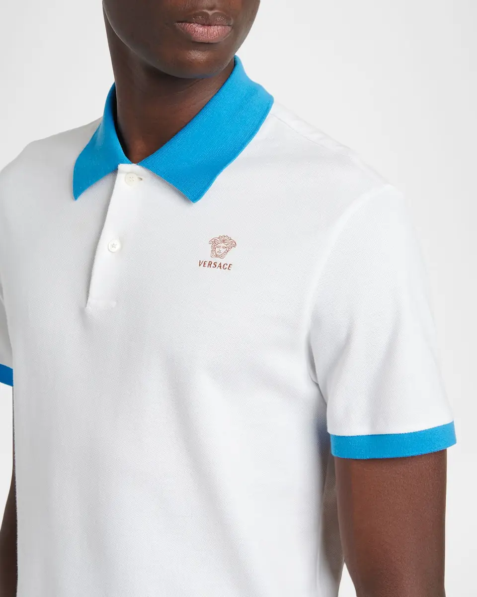 Versace Men's Medusa Embroidered Cotton Contrast-Trim Polo Shirt | Thumbnail 4 Versace Men's Medusa Embroidered Cotton Contrast-Trim Polo Shirt | Thumbnail 4