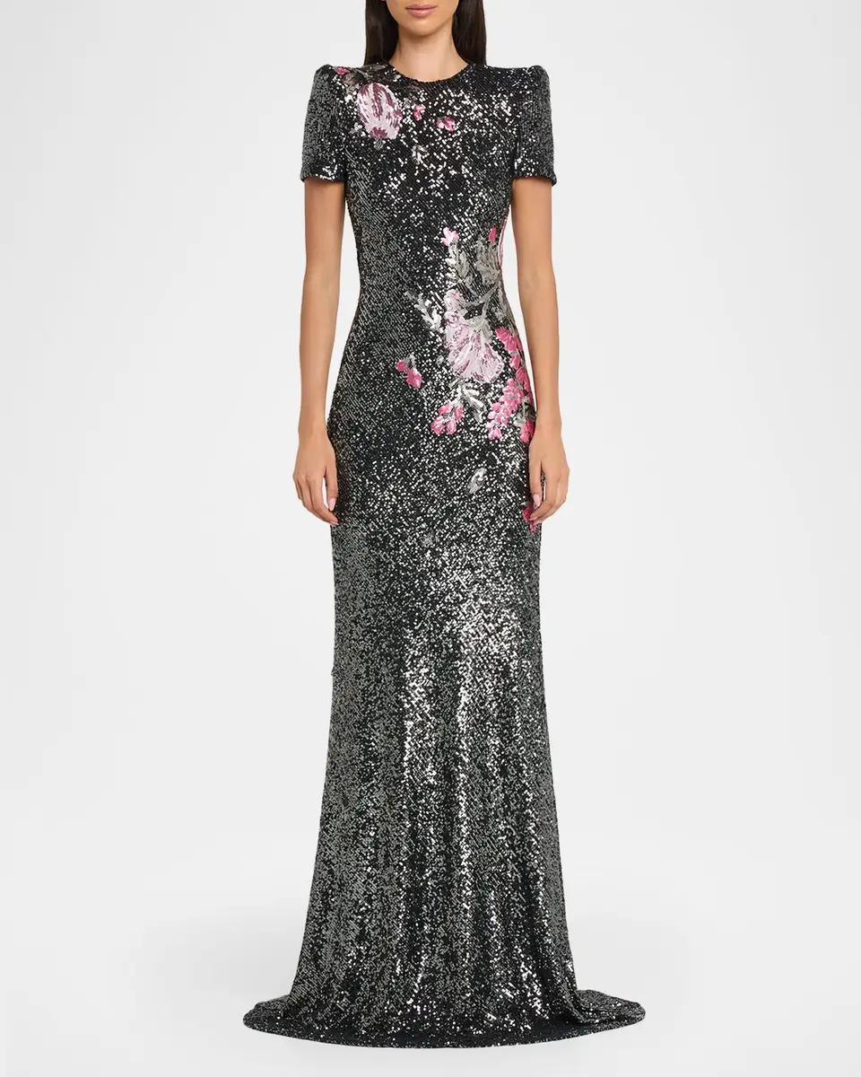 Naeem Khan Floral Applique Stretch Sequin Cap-Sleeve Gown | Thumbnail 2