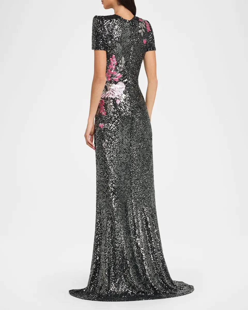 Naeem Khan Floral Applique Stretch Sequin Cap-Sleeve Gown | Thumbnail 3