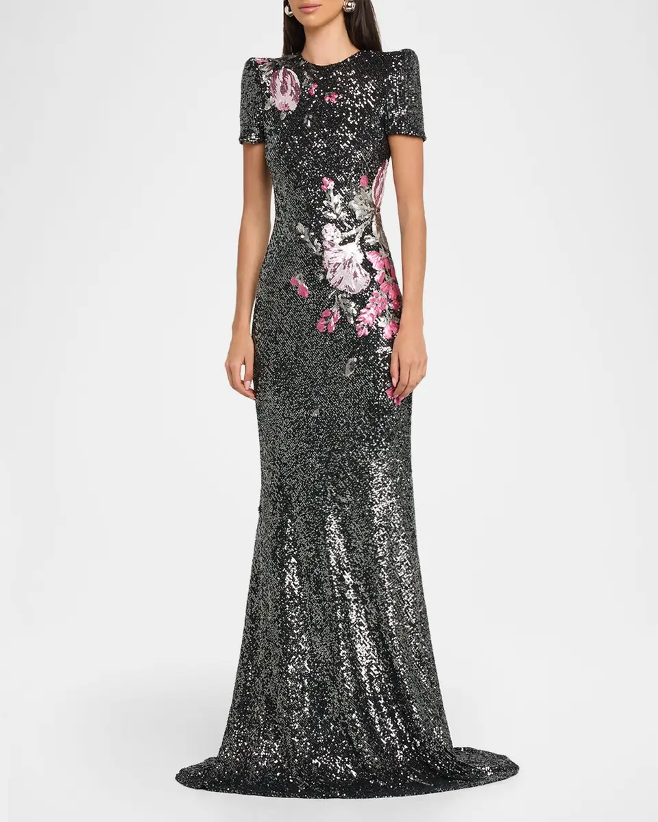 Naeem Khan Floral Applique Stretch Sequin Cap-Sleeve Gown | Thumbnail 4