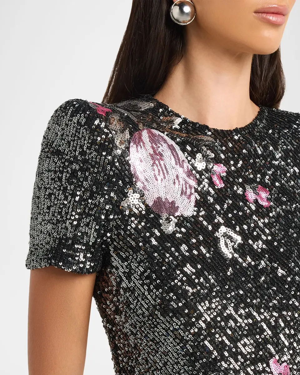 Naeem Khan Floral Applique Stretch Sequin Cap-Sleeve Gown | Thumbnail 5