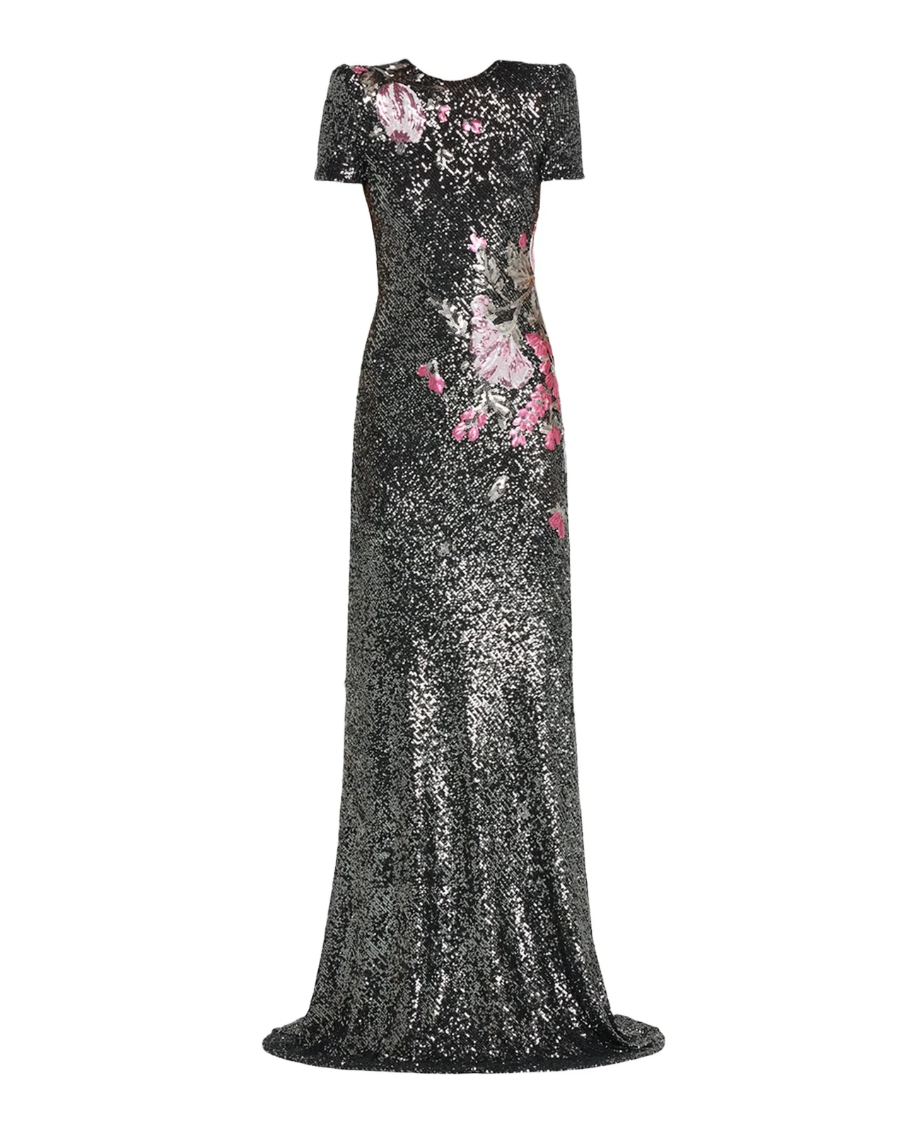 Naeem Khan Floral Applique Stretch Sequin Cap-Sleeve Gown