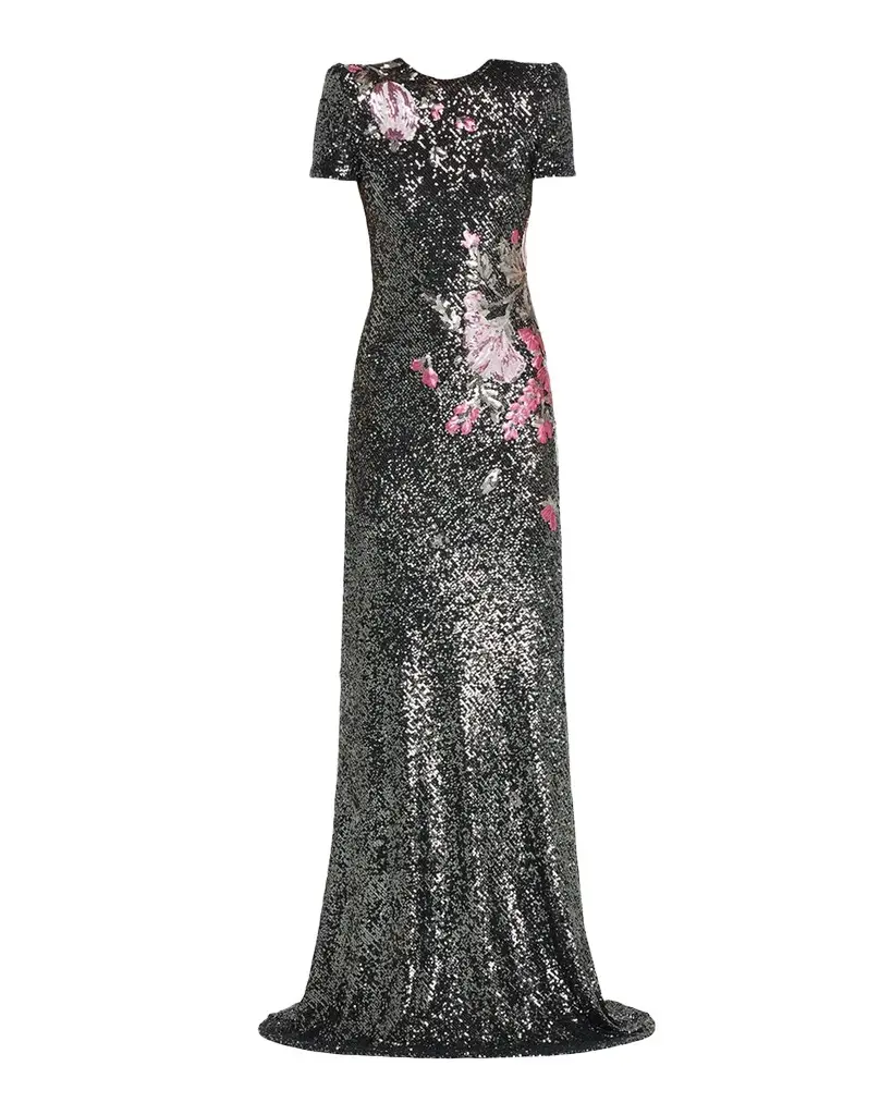 Naeem Khan Floral Applique Stretch Sequin Cap-Sleeve Gown | Image 1 Naeem Khan Floral Applique Stretch Sequin Cap-Sleeve Gown | Image 1