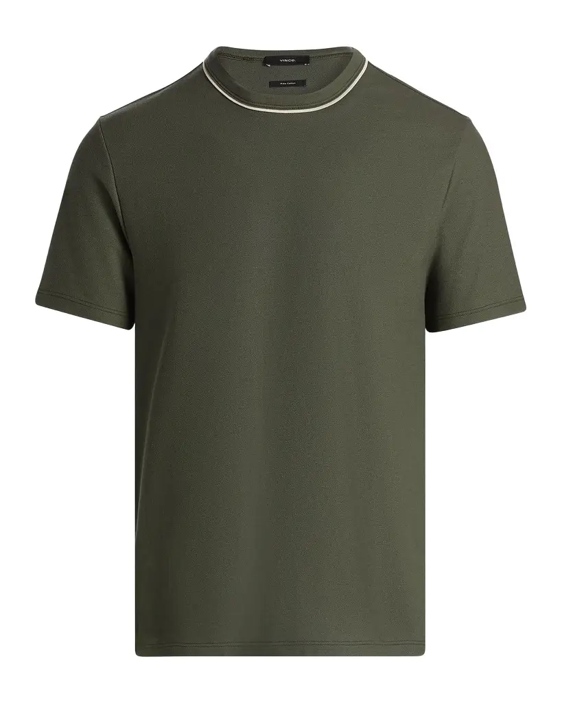 Vince Men's Pima Cotton Pique Tipped Crewneck T-Shirt | Image 1 Vince Men's Pima Cotton Pique Tipped Crewneck T-Shirt | Image 1