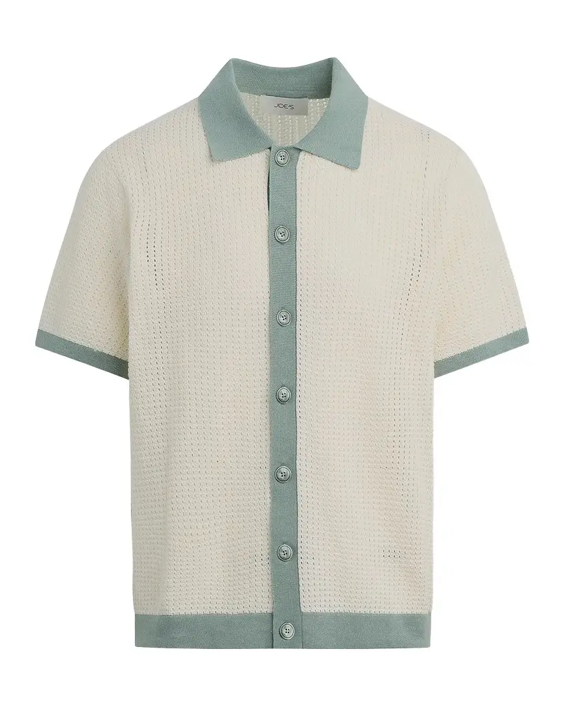 Joe's Jeans Men's Contrast-Trim Cotton and Linen Crochet Short-Sleeve Shirt | Image 1 Joe's Jeans Men's Contrast-Trim Cotton and Linen Crochet Short-Sleeve Shirt | Image 1