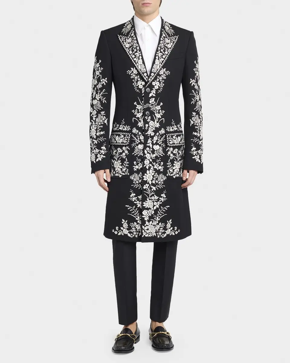 Alexander McQueen Men's Wool Embroidered Peak Lapel Overcoat | Thumbnail 2 Alexander McQueen Men's Wool Embroidered Peak Lapel Overcoat | Thumbnail 2