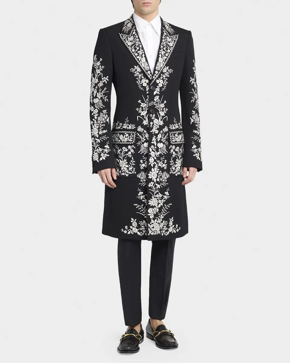 Alexander McQueen Men's Wool Embroidered Peak Lapel Overcoat | Thumbnail 4 Alexander McQueen Men's Wool Embroidered Peak Lapel Overcoat | Thumbnail 4