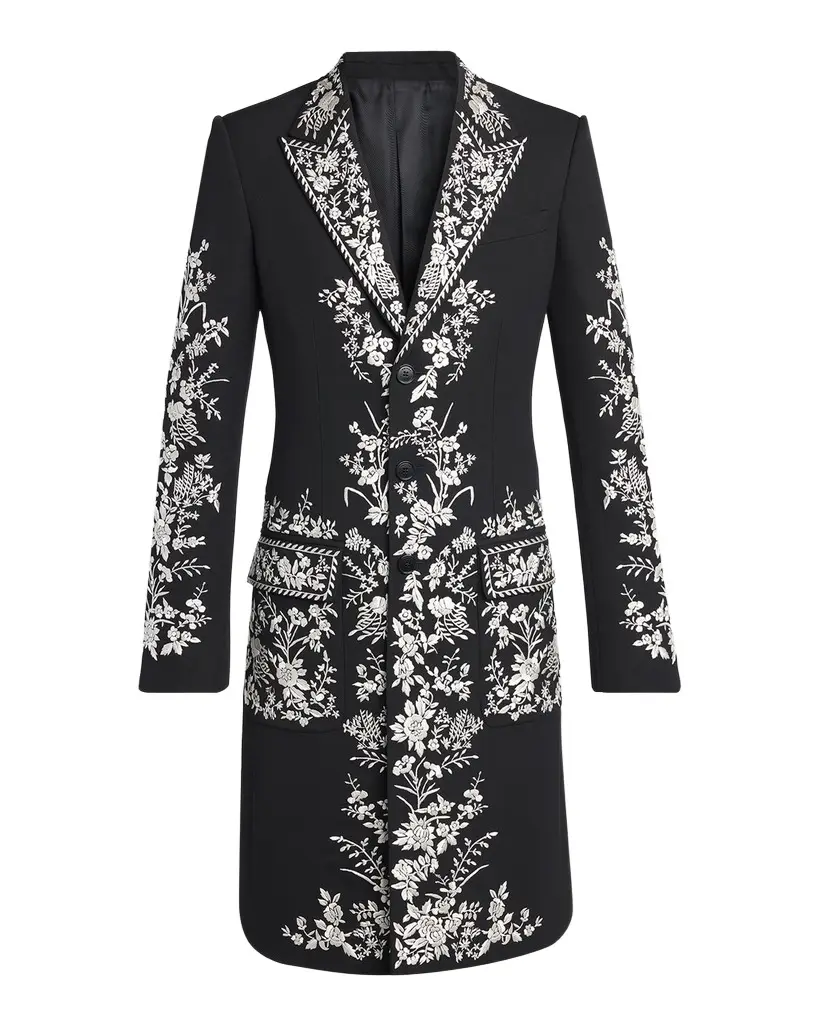 Alexander McQueen Men's Wool Embroidered Peak Lapel Overcoat | Image 1 Alexander McQueen Men's Wool Embroidered Peak Lapel Overcoat | Image 1