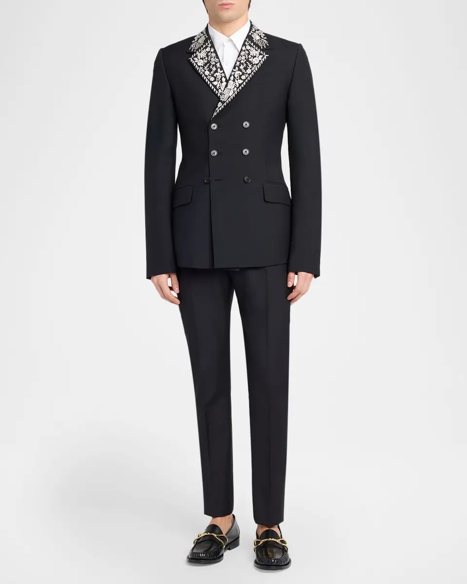Alexander McQueen Men's Wool Embroidered-Lapel Double-Breasted Dinner Jacket | Thumbnail 2 Alexander McQueen Men's Wool Embroidered-Lapel Double-Breasted Dinner Jacket | Thumbnail 2