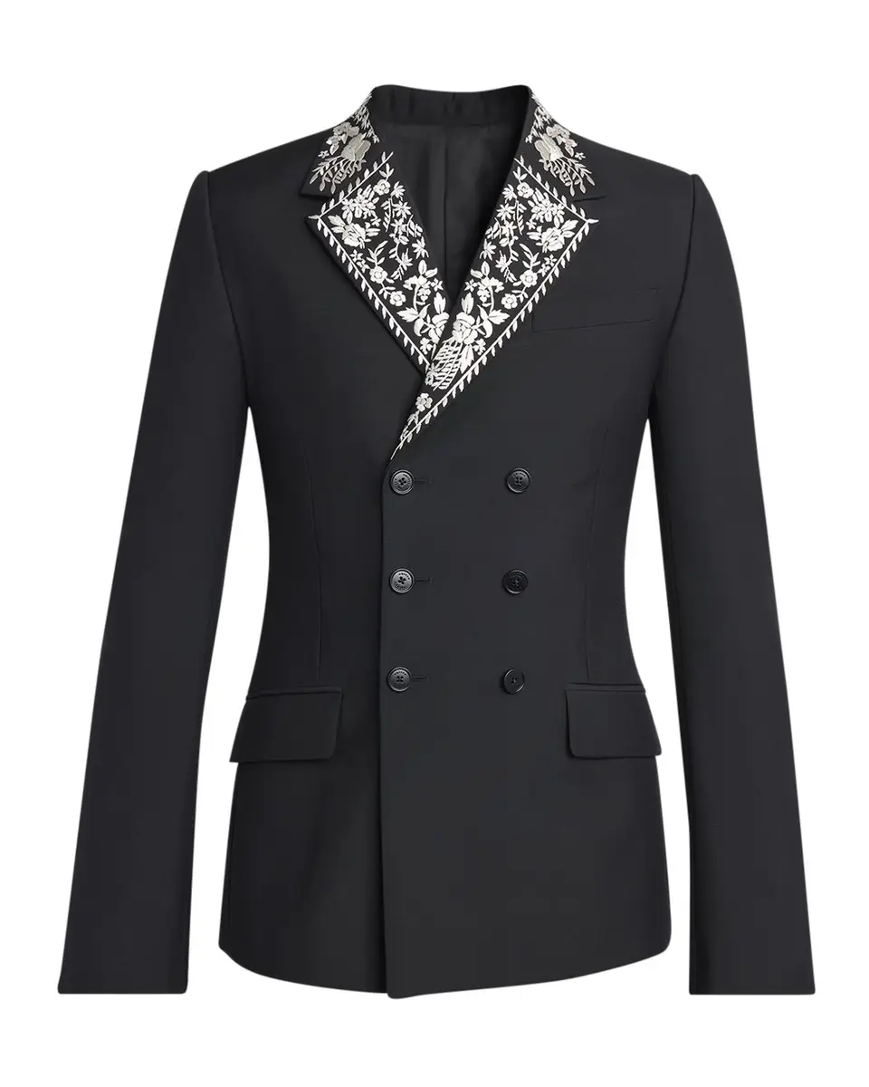 Alexander McQueen Men's Wool Embroidered-Lapel Double-Breasted Dinner Jacket | Thumbnail 3 Alexander McQueen Men's Wool Embroidered-Lapel Double-Breasted Dinner Jacket | Thumbnail 3