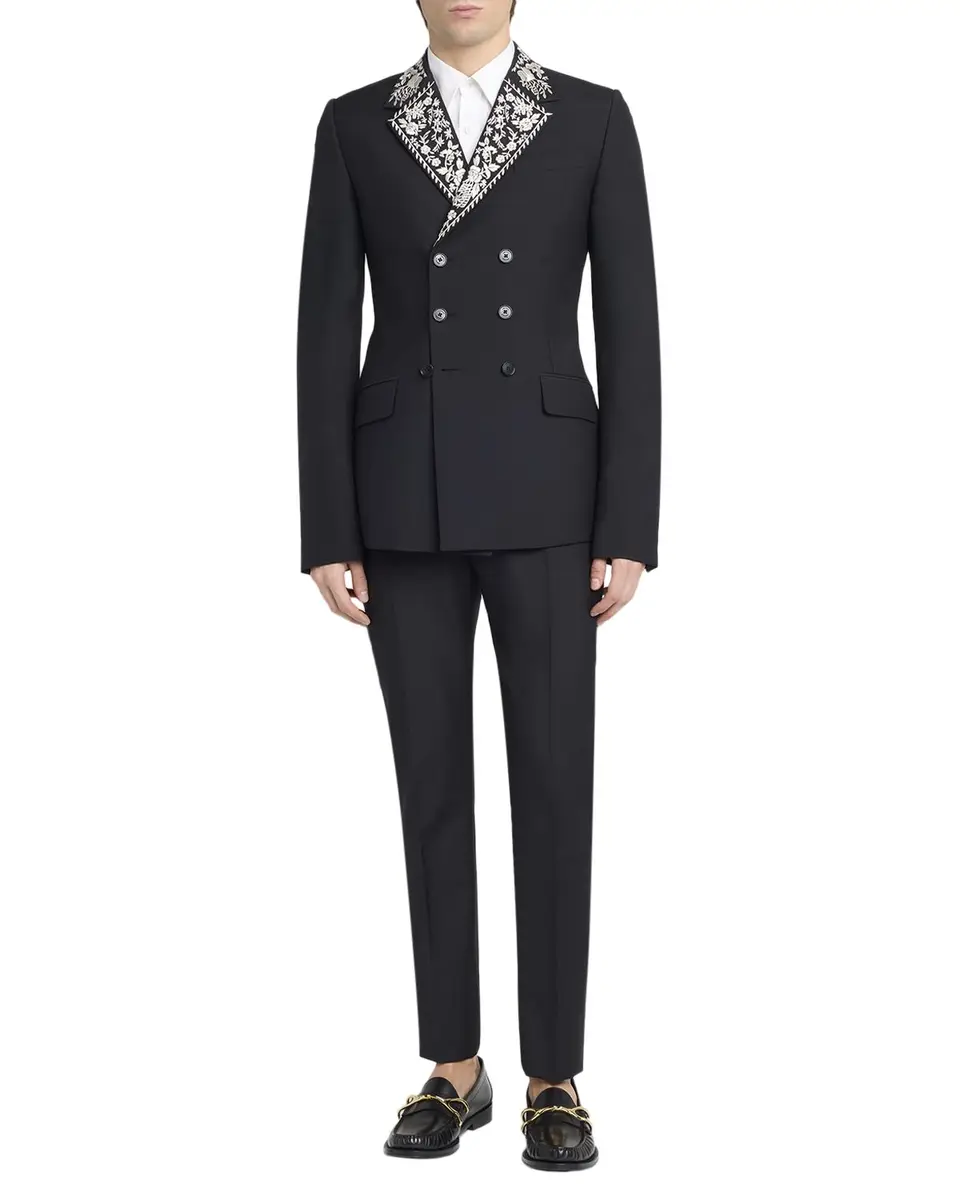 Alexander McQueen Men's Wool Embroidered-Lapel Double-Breasted Dinner Jacket | Thumbnail 4 Alexander McQueen Men's Wool Embroidered-Lapel Double-Breasted Dinner Jacket | Thumbnail 4
