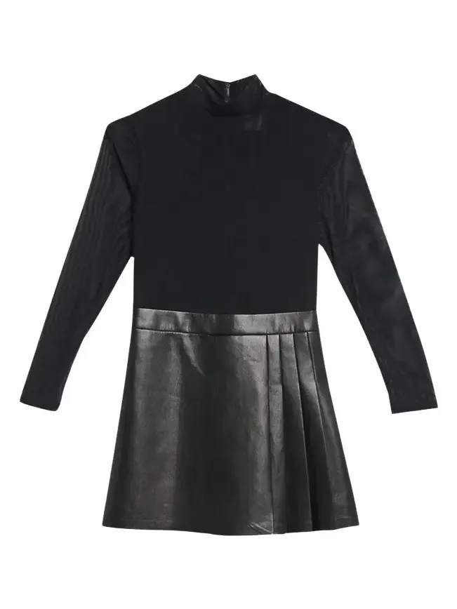 Chara Long-Sleeve Vegan Leather Pleated Mini Dress Chara Long-Sleeve Vegan Leather Pleated Mini Dress