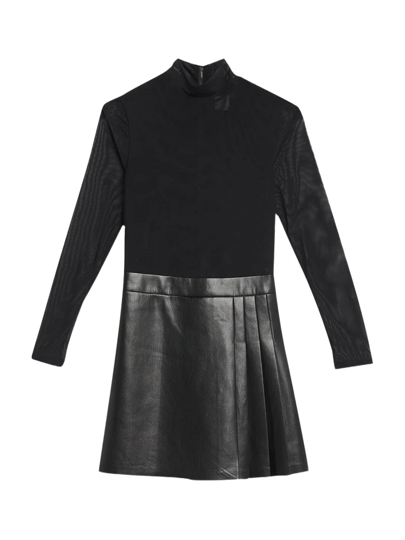 Chara Long-Sleeve Vegan Leather Pleated Mini Dress Chara Long-Sleeve Vegan Leather Pleated Mini Dress