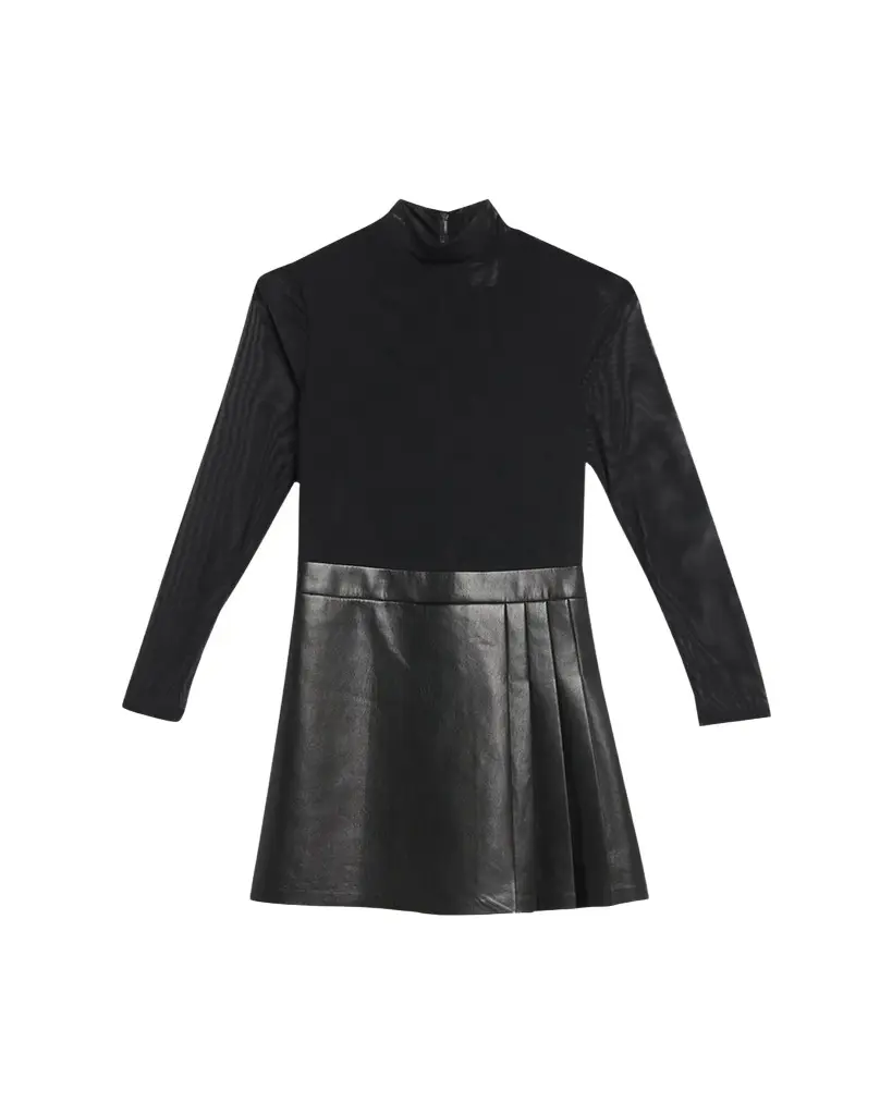 Alice + Olivia Chara Long-Sleeve Vegan Leather Pleated Mini Dress | Image 1 Alice + Olivia Chara Long-Sleeve Vegan Leather Pleated Mini Dress | Image 1