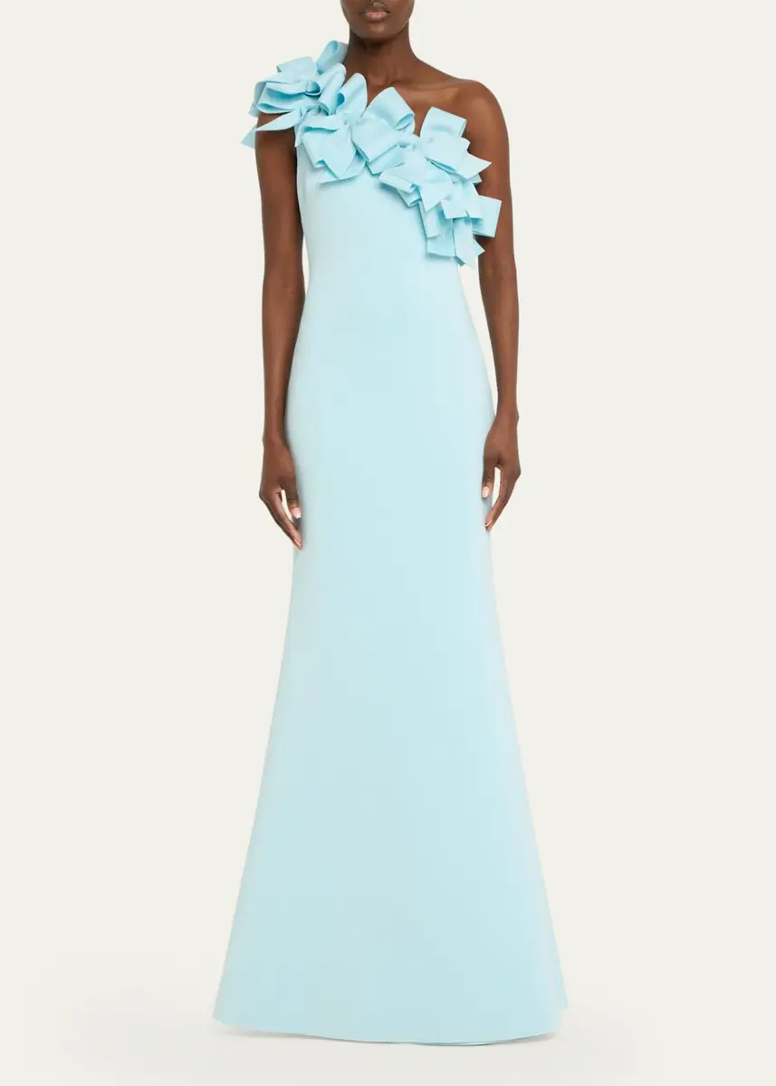 BADGLEY MISCHKA One-Shoulder Bow Ruffle Scuba Gown | Thumbnail 2