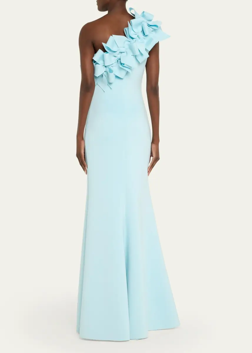 BADGLEY MISCHKA One-Shoulder Bow Ruffle Scuba Gown | Thumbnail 3
