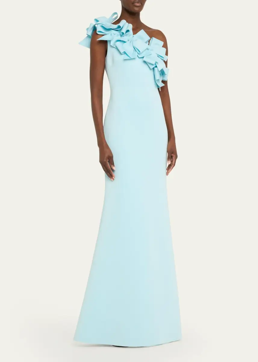 BADGLEY MISCHKA One-Shoulder Bow Ruffle Scuba Gown | Thumbnail 4