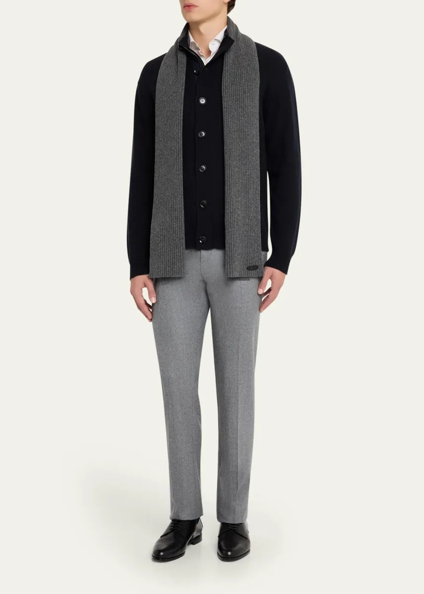 Brioni Men's Cashmere Rib Leather-Label Scarf | Thumbnail 2