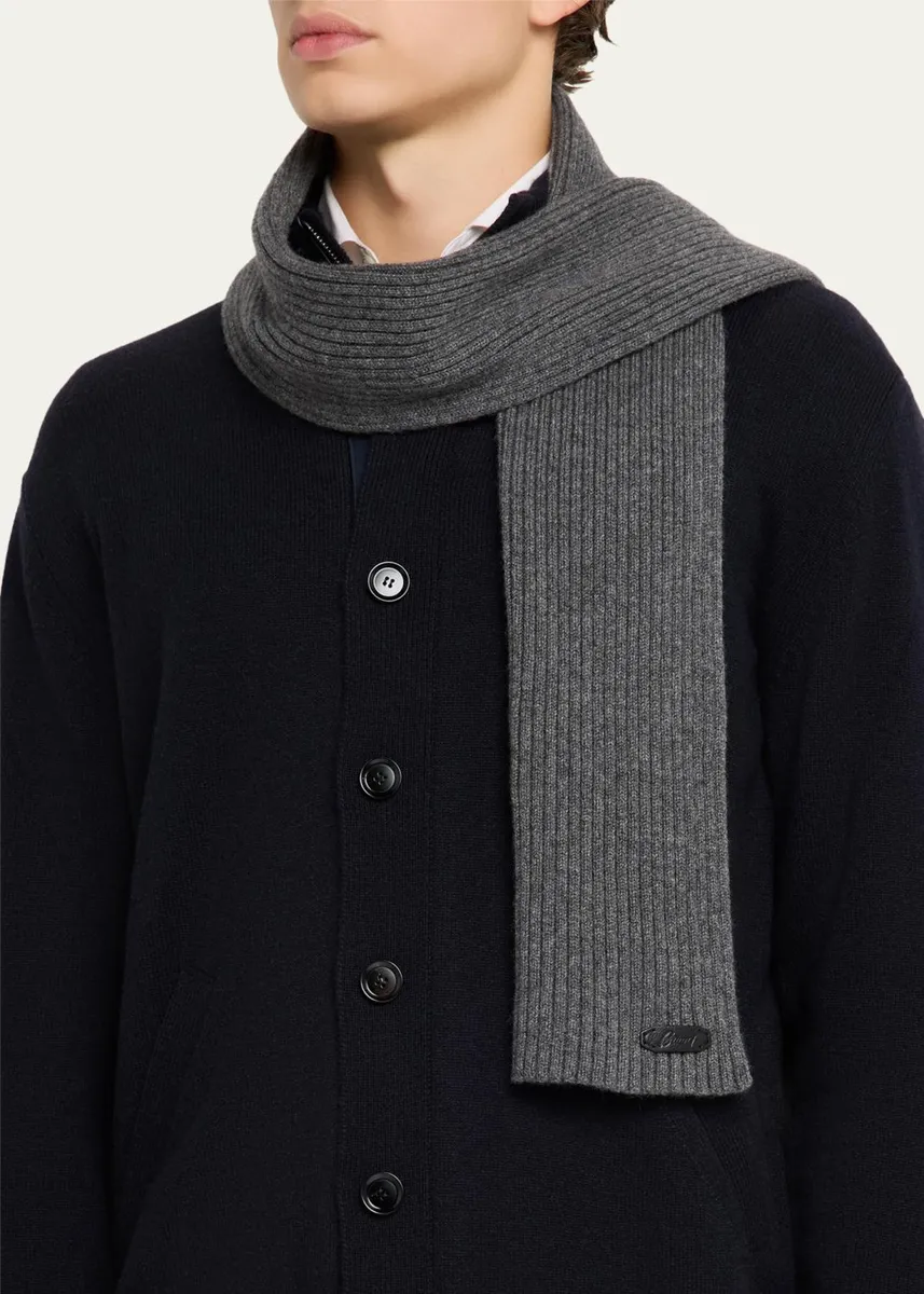 Brioni Men's Cashmere Rib Leather-Label Scarf | Thumbnail 3