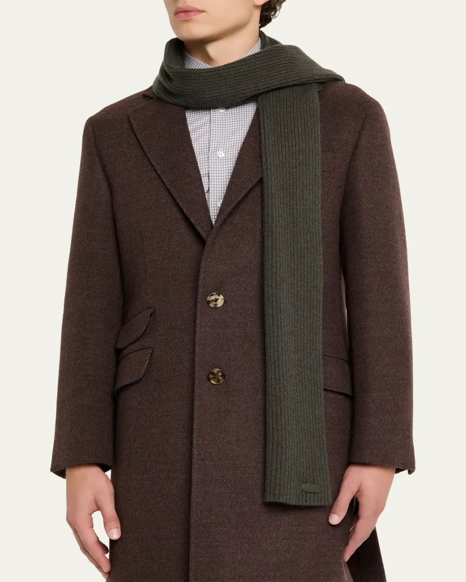 Brioni Men's Cashmere Rib Leather-Label Scarf | Thumbnail 3 Brioni Men's Cashmere Rib Leather-Label Scarf | Thumbnail 3