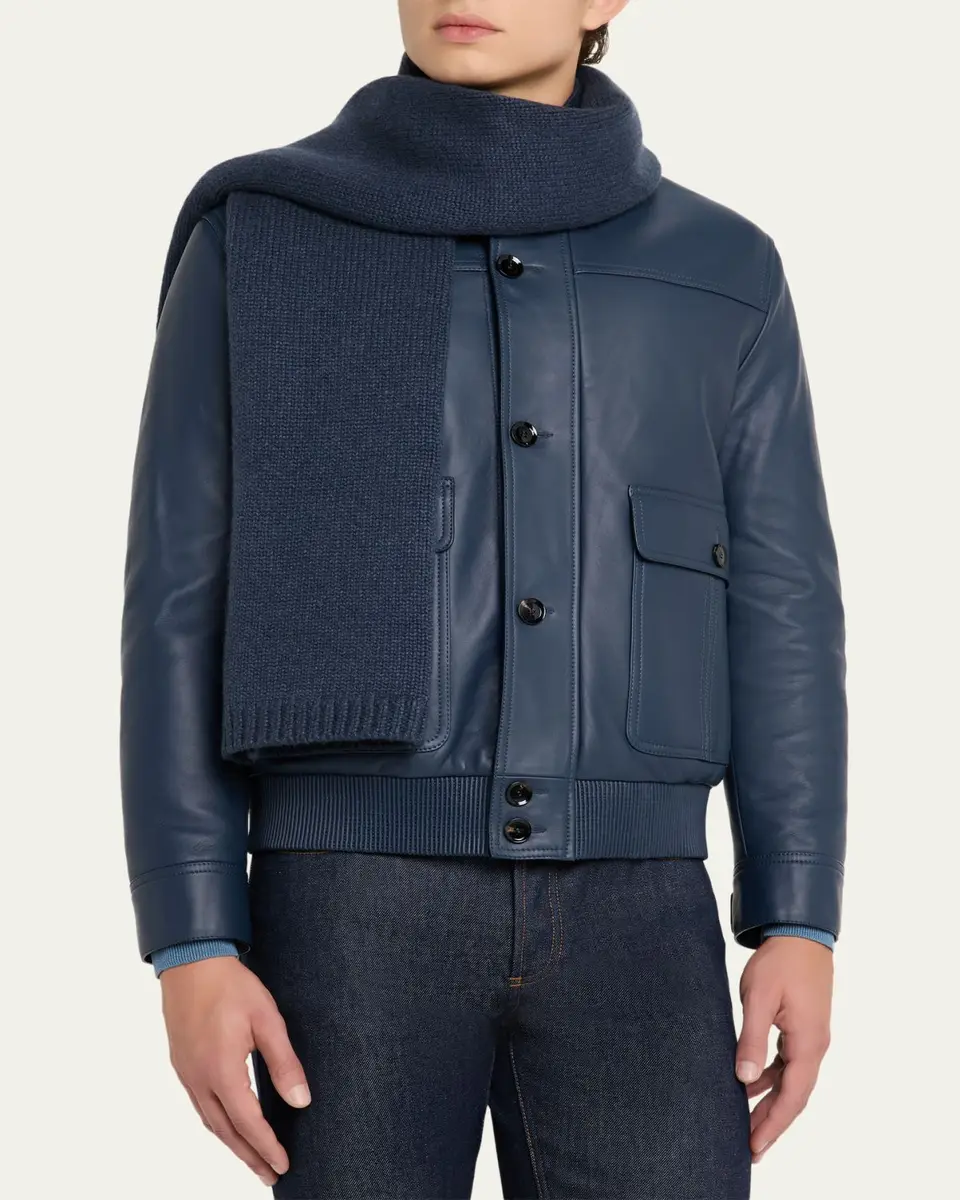 Brioni Men's Cashmere Knit Leather-Label Scarf | Thumbnail 3 Brioni Men's Cashmere Knit Leather-Label Scarf | Thumbnail 3