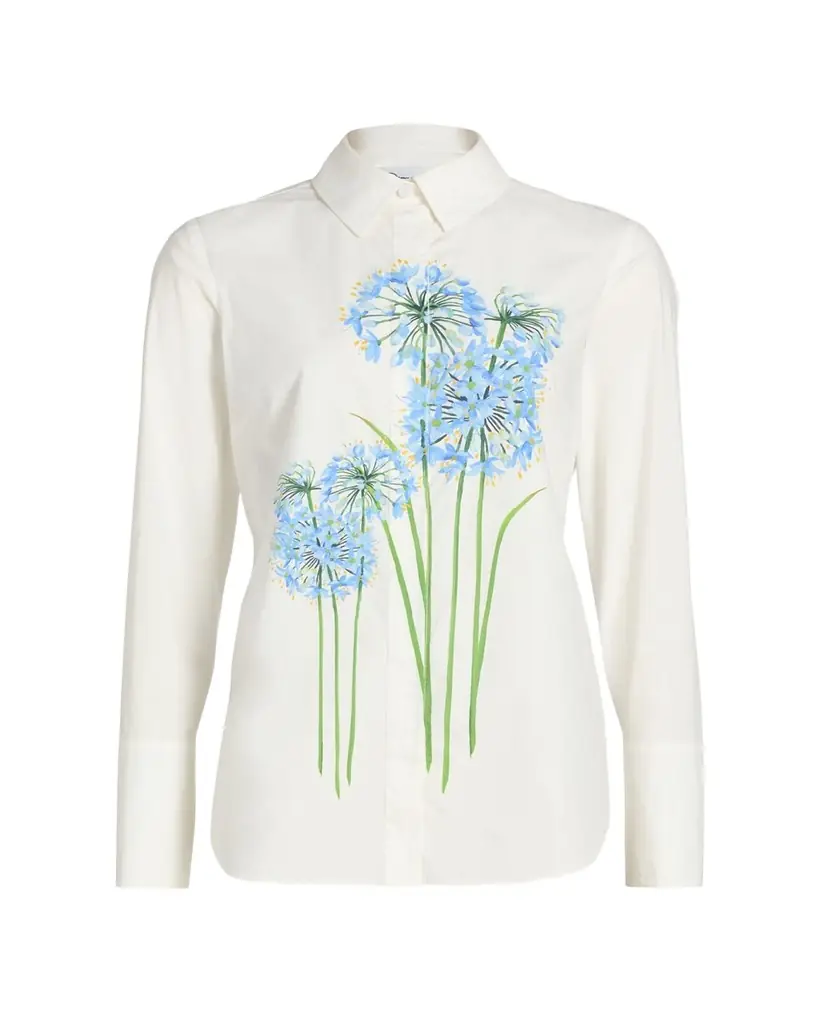 Oscar de la Renta Allium-Print Cotton Stretch Button-Down Shirt