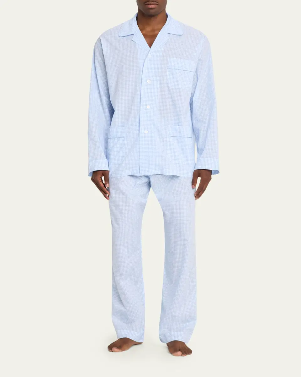 Bergdorf Goodman Men's Cotton and Linen Micro-Check Long Pajama Set | Thumbnail 2 Bergdorf Goodman Men's Cotton and Linen Micro-Check Long Pajama Set | Thumbnail 2