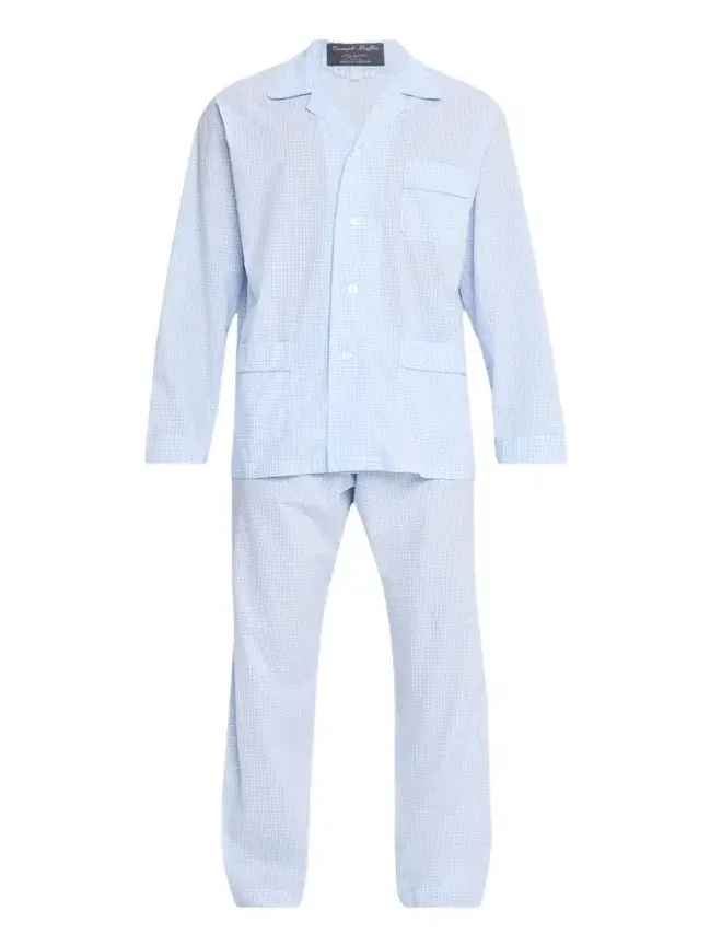 Bergdorf Goodman Men's Cotton and Linen Micro-Check Long Pajama Set