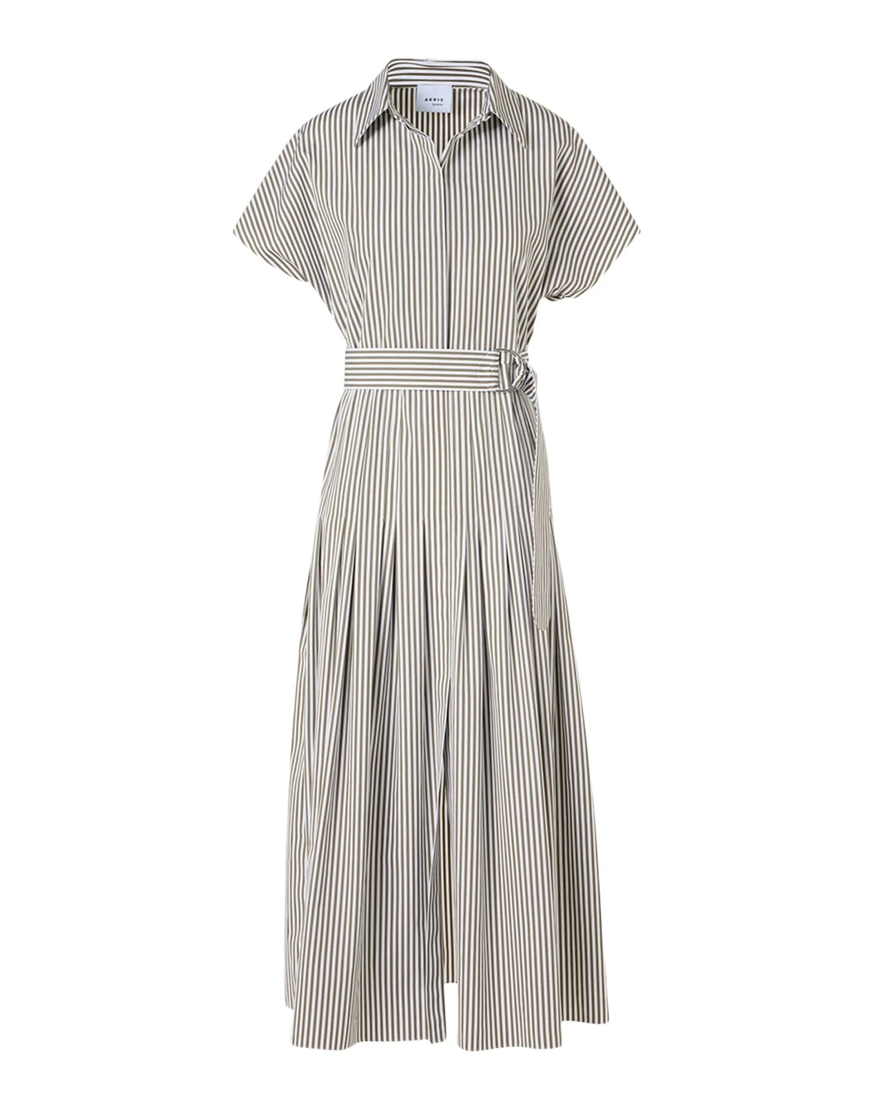 Cap-Sleeve Belted Cotton Poplin Pleated Midi Shirtdress