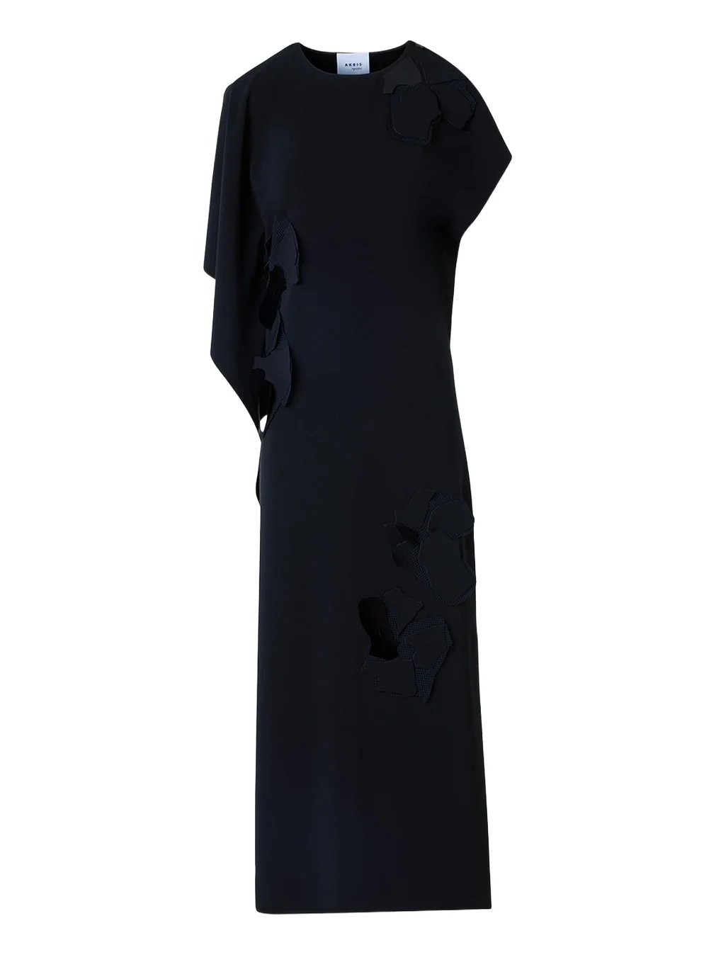 Sleeveless Asymmetric Draped Papercut Flower Crepe Midi Dress