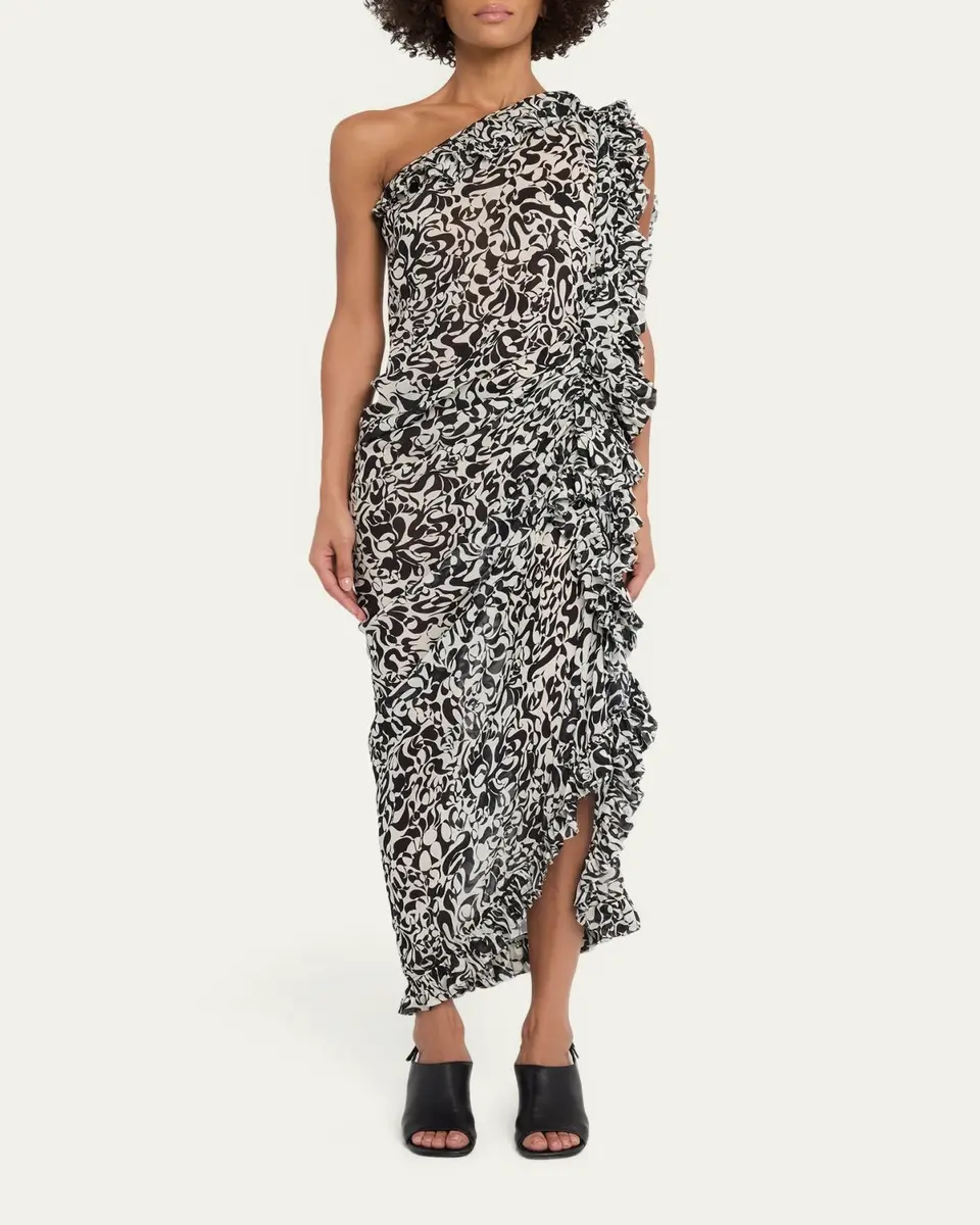 Dries Van Noten Dina One-Shoulder Abstract-Print Ruffle Midi Dress | Thumbnail 2