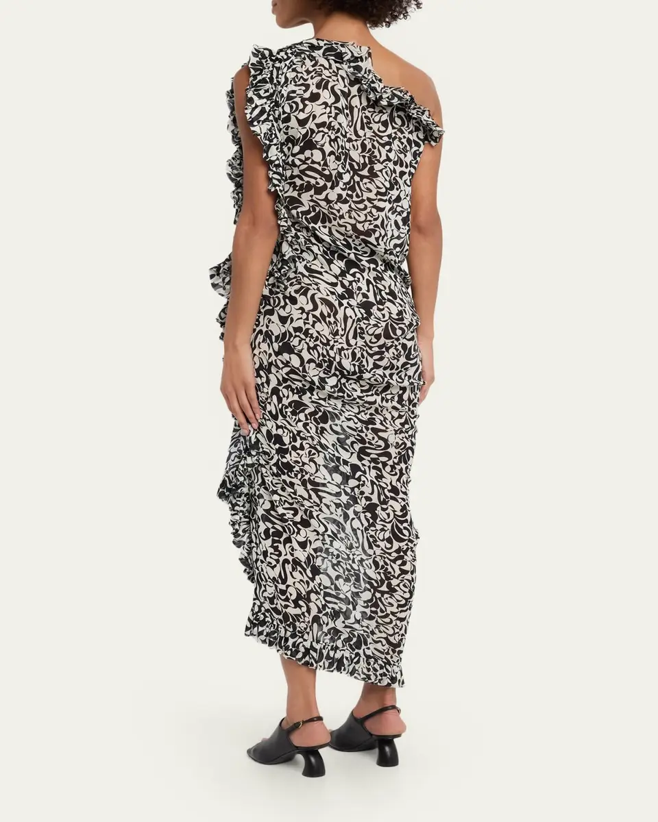 Dries Van Noten Dina One-Shoulder Abstract-Print Ruffle Midi Dress | Thumbnail 3