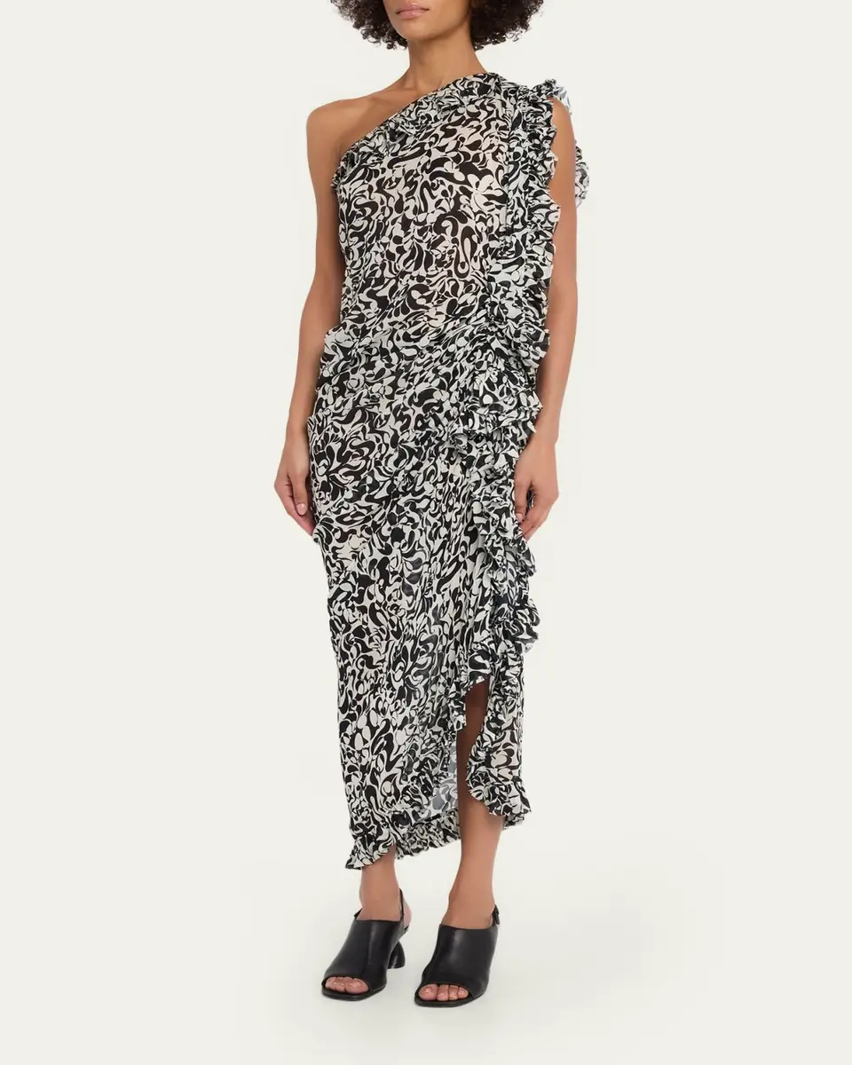 Dries Van Noten Dina One-Shoulder Abstract-Print Ruffle Midi Dress | Thumbnail 4