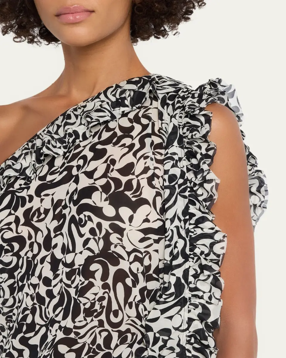 Dries Van Noten Dina One-Shoulder Abstract-Print Ruffle Midi Dress | Thumbnail 5