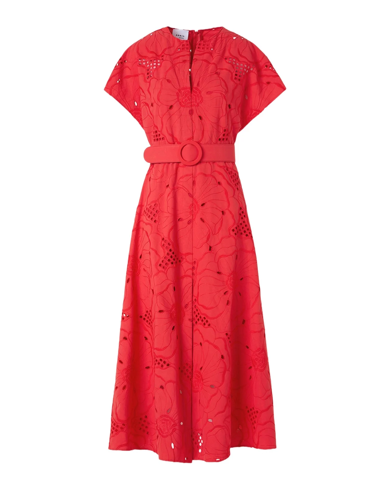 Floral Eyelet Embroidered Short-Sleeve Belted Midi Dress