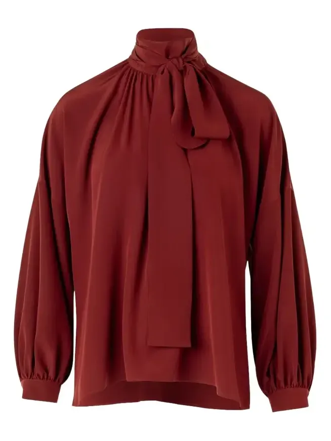 Mock-Neck Bow Tie Silk Crepe De Chine Blouse Mock-Neck Bow Tie Silk Crepe De Chine Blouse