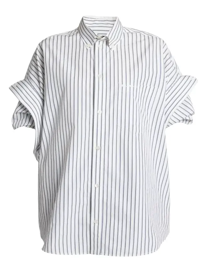 Tucked-Sleeve Striped Poplin Shirt Tucked-Sleeve Striped Poplin Shirt