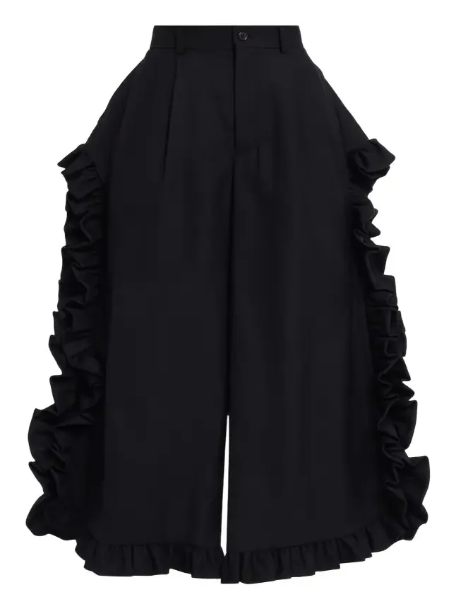 Ruffle Button-Side Wide-Leg Ankle Pants