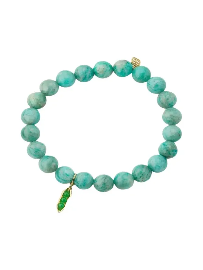 Sydney Evan 14K Green Jade Pea Pod Charm on Amazonite Stretch Bracelet