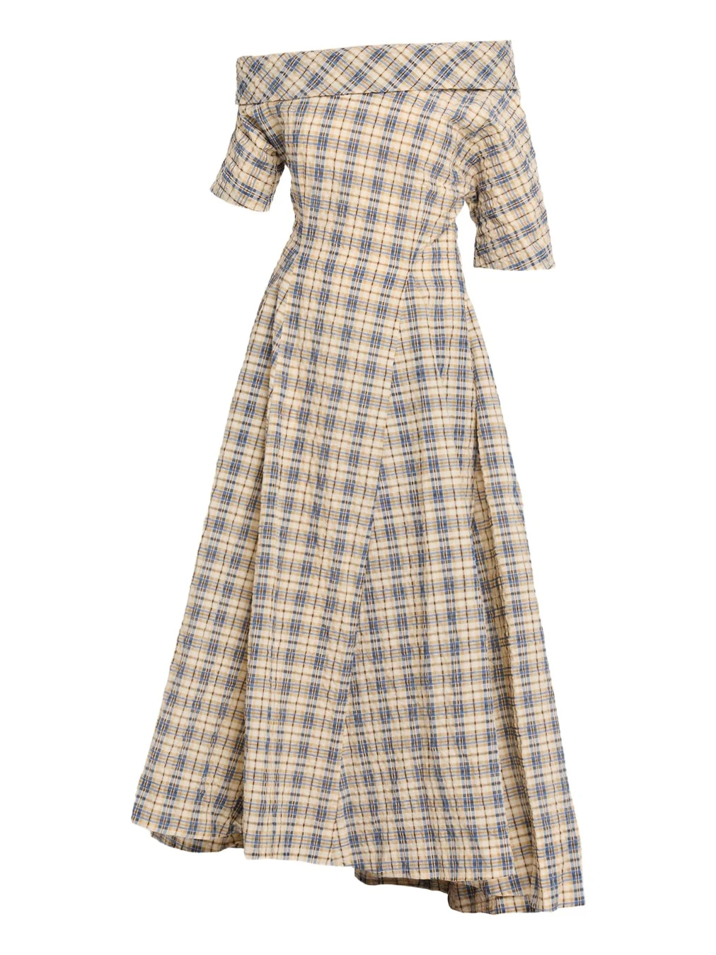 Bowery Off-The-Shoulder Check Seersucker Asymmetric Dress Bowery Off-The-Shoulder Check Seersucker Asymmetric Dress