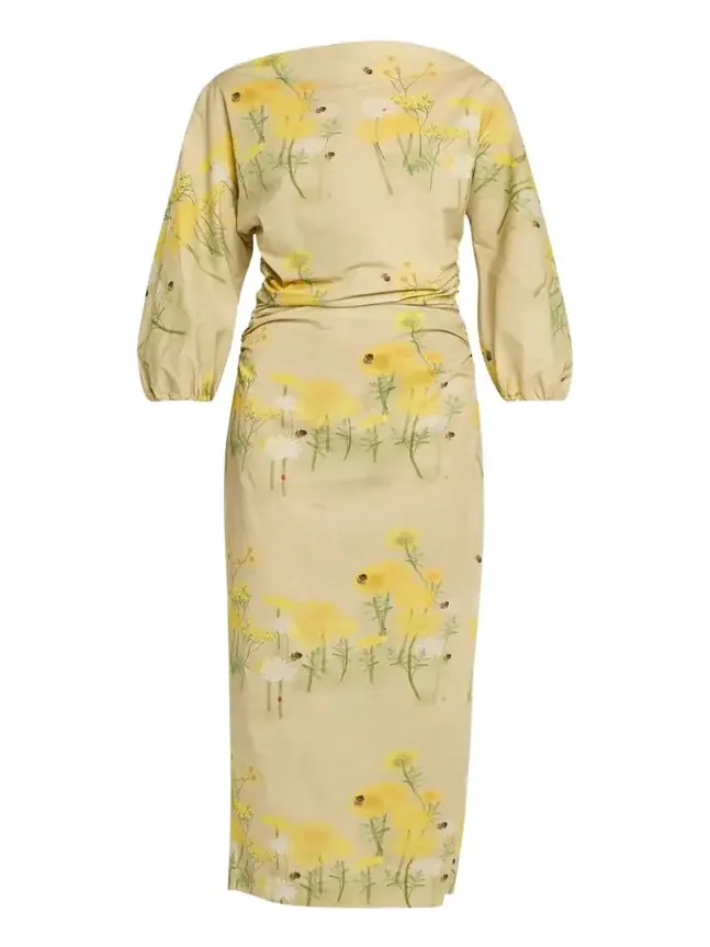Ezra Floral Ruched Cotton 3/4-Sleeve Midi Dress Ezra Floral Ruched Cotton 3/4-Sleeve Midi Dress