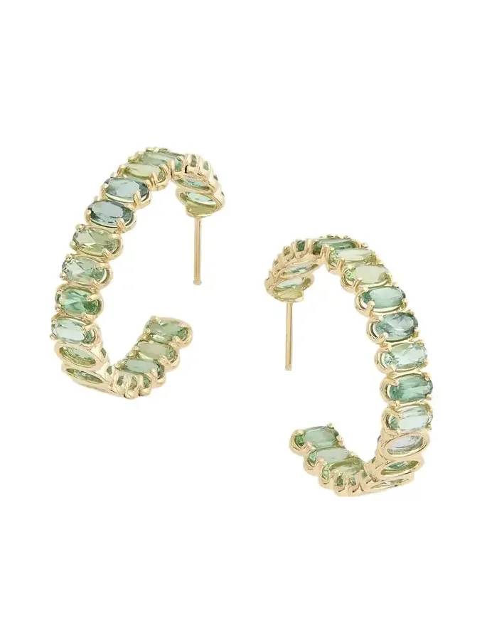 18K Yellow Gold Hoop Earrings with Oval-Shaped Green Tourmaline 18K Yellow Gold Hoop Earrings with Oval-Shaped Green Tourmaline