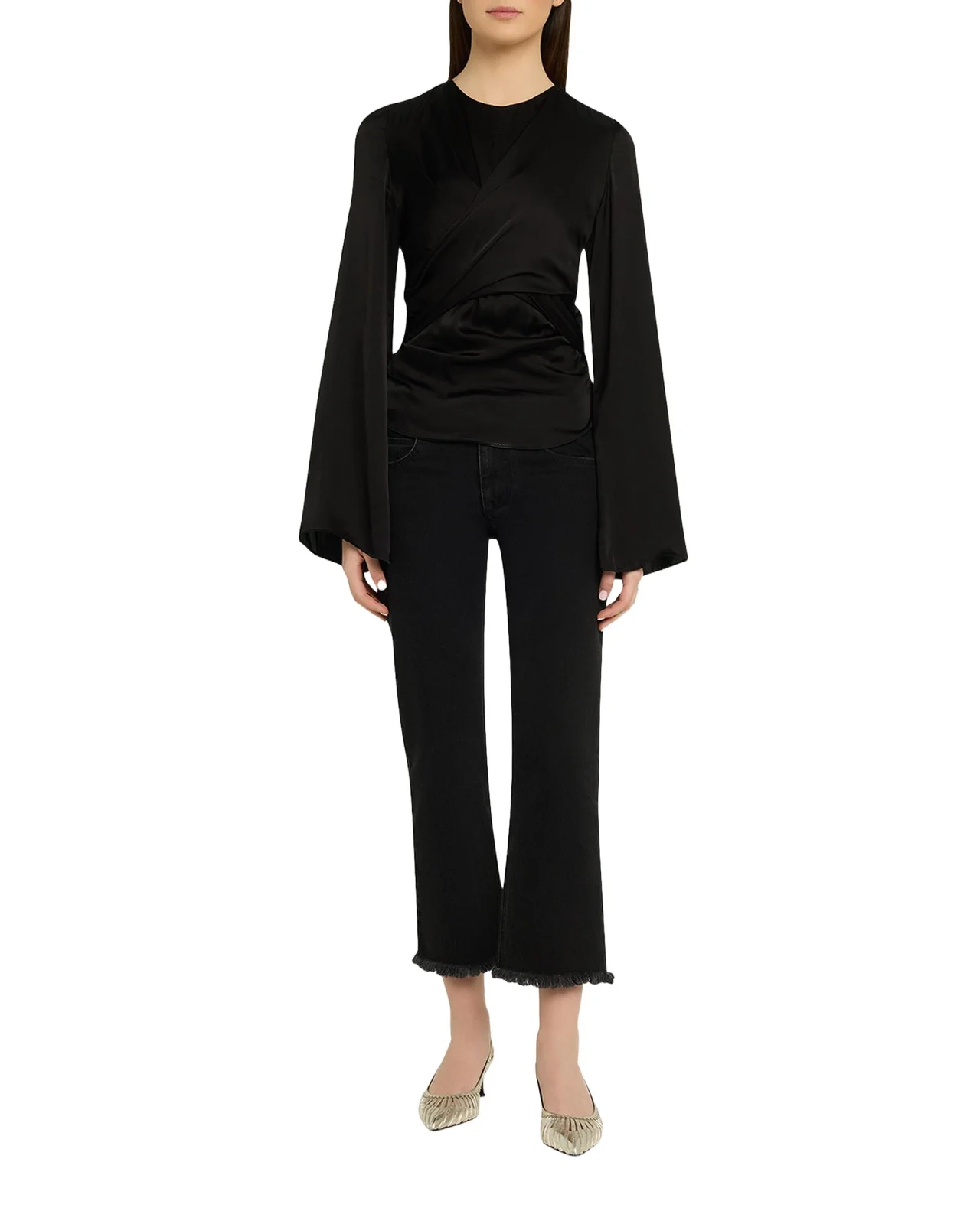 Neame Draped Satin Flare-Sleeve Top Neame Draped Satin Flare-Sleeve Top