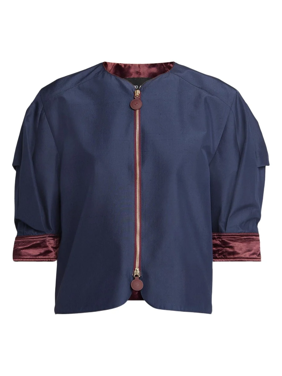 Short-Sleeve Silk Shantung Caban Coat