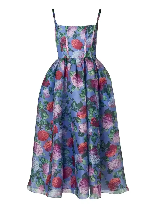 Hydrangea-Print Silk Organza Fit-and-Flare Midi Dress Hydrangea-Print Silk Organza Fit-and-Flare Midi Dress