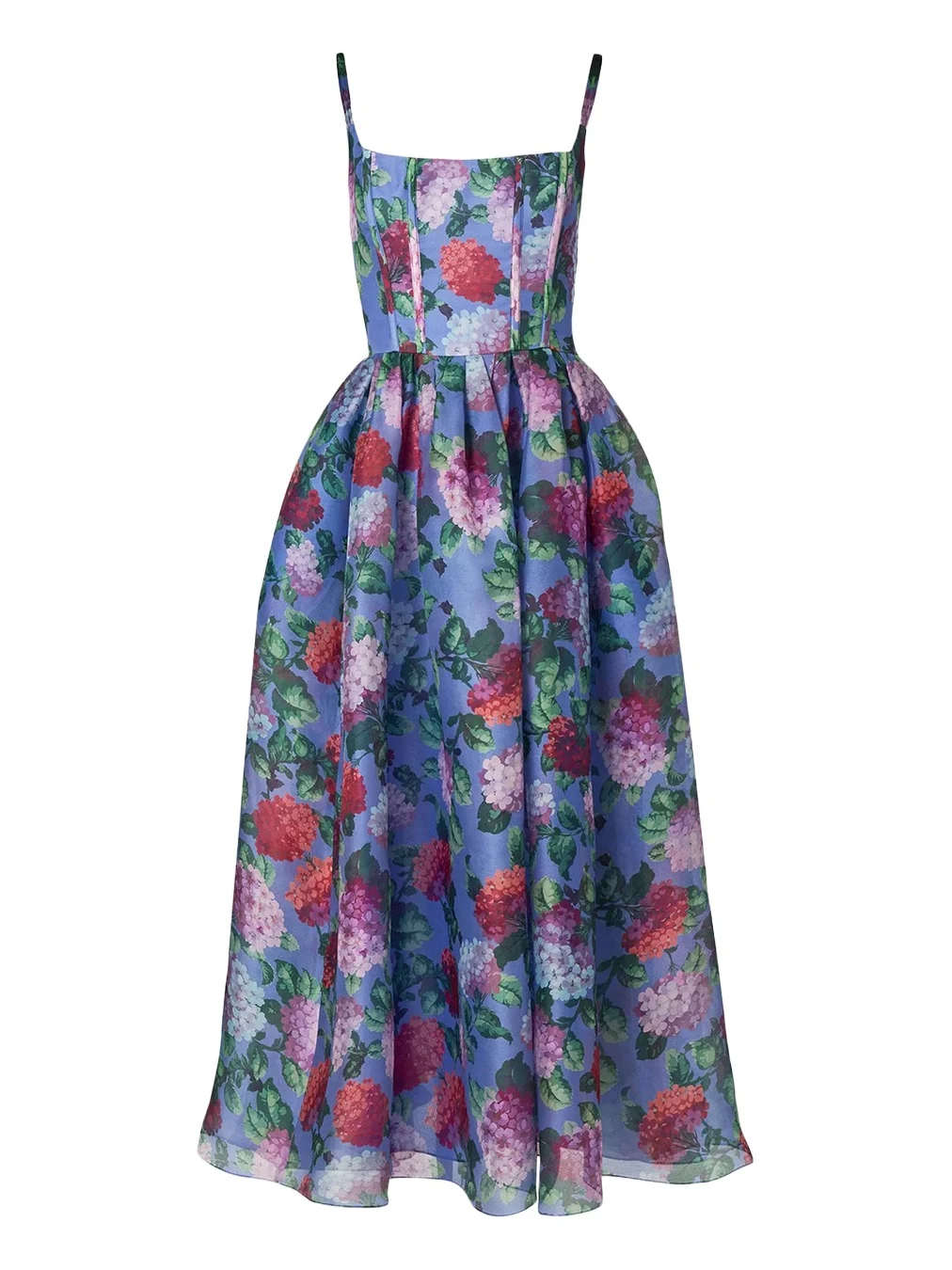 Hydrangea-Print Silk Organza Fit-and-Flare Midi Dress Hydrangea-Print Silk Organza Fit-and-Flare Midi Dress